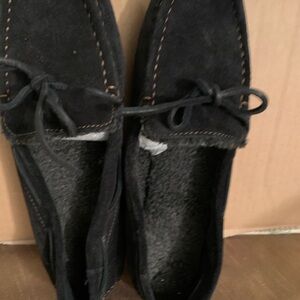 B. O. C Black Suede Loafers with tie ribbon Bow.
